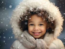 africain américain enfant jouit le hiver neigeux journée dans espiègle émotionnel dynamique pose ai génératif photo