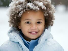 africain américain enfant jouit le hiver neigeux journée dans espiègle émotionnel dynamique pose ai génératif photo