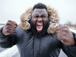 africain américain homme jouit le hiver neigeux journée dans espiègle émotionnel dynamique pose ai génératif photo