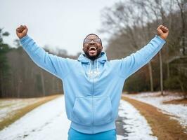 africain américain homme jouit le hiver neigeux journée dans espiègle émotionnel dynamique pose ai génératif photo