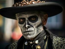 homme dans journée de le mort maquillage avec espiègle pose ai génératif photo