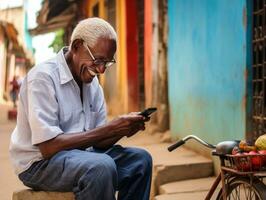 vieux homme de Colombie en utilisant une téléphone intelligent pour en ligne la communication ai génératif photo