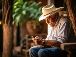 vieux homme de Colombie en utilisant une téléphone intelligent pour en ligne la communication ai génératif photo