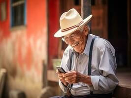 vieux homme de Colombie en utilisant une téléphone intelligent pour en ligne la communication ai génératif photo