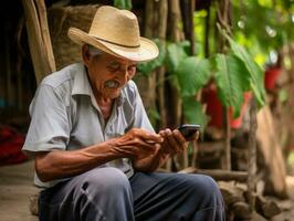 vieux homme de Colombie en utilisant une téléphone intelligent pour en ligne la communication ai génératif photo