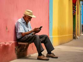 vieux homme de Colombie en utilisant une téléphone intelligent pour en ligne la communication ai génératif photo