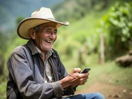vieux homme de Colombie en utilisant une téléphone intelligent pour en ligne la communication ai génératif photo