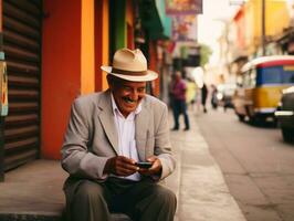 vieux homme de Colombie en utilisant une téléphone intelligent pour en ligne la communication ai génératif photo