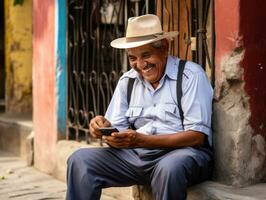 vieux homme de Colombie en utilisant une téléphone intelligent pour en ligne la communication ai génératif photo