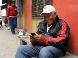 vieux homme de Colombie en utilisant une téléphone intelligent pour en ligne la communication ai génératif photo