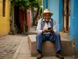 vieux homme de Colombie en utilisant une téléphone intelligent pour en ligne la communication ai génératif photo