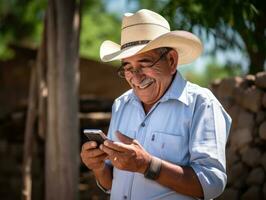 vieux homme de Colombie en utilisant une téléphone intelligent pour en ligne la communication ai génératif photo