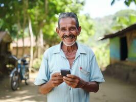 vieux homme de Colombie en utilisant une téléphone intelligent pour en ligne la communication ai génératif photo