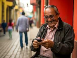 vieux homme de Colombie en utilisant une téléphone intelligent pour en ligne la communication ai génératif photo