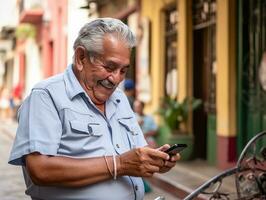 vieux homme de Colombie en utilisant une téléphone intelligent pour en ligne la communication ai génératif photo