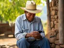 vieux homme de Colombie en utilisant une téléphone intelligent pour en ligne la communication ai génératif photo