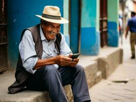 vieux homme de Colombie en utilisant une téléphone intelligent pour en ligne la communication ai génératif photo