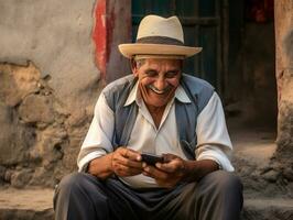 vieux homme de Colombie en utilisant une téléphone intelligent pour en ligne la communication ai génératif photo