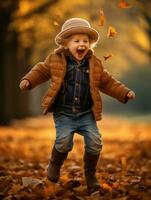 européen enfant dans espiègle émotionnel dynamique pose sur l'automne Contexte ai génératif photo