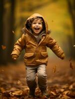 européen enfant dans espiègle émotionnel dynamique pose sur l'automne Contexte ai génératif photo