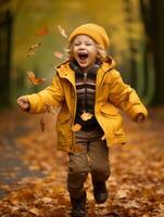 européen enfant dans espiègle émotionnel dynamique pose sur l'automne Contexte ai génératif photo