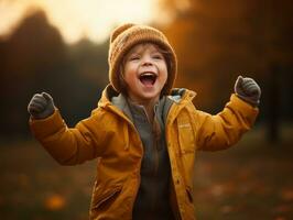 européen enfant dans espiègle émotionnel dynamique pose sur l'automne Contexte ai génératif photo