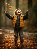 européen enfant dans espiègle émotionnel dynamique pose sur l'automne Contexte ai génératif photo