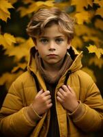 européen enfant dans espiègle émotionnel dynamique pose sur l'automne Contexte ai génératif photo