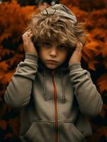 européen enfant dans espiègle émotionnel dynamique pose sur l'automne Contexte ai génératif photo