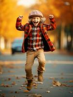 européen enfant dans espiègle émotionnel dynamique pose sur l'automne Contexte ai génératif photo