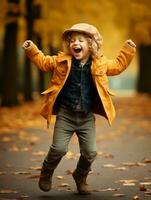 européen enfant dans espiègle émotionnel dynamique pose sur l'automne Contexte ai génératif photo