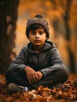 Indien enfant dans espiègle émotionnel dynamique pose sur l'automne Contexte ai génératif photo