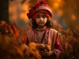 Indien enfant dans espiègle émotionnel dynamique pose sur l'automne Contexte ai génératif photo