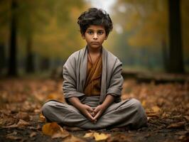 Indien enfant dans espiègle émotionnel dynamique pose sur l'automne Contexte ai génératif photo