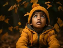 Indien enfant dans espiègle émotionnel dynamique pose sur l'automne Contexte ai génératif photo