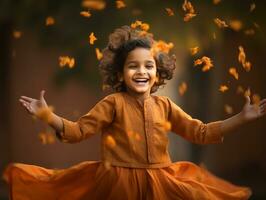 Indien enfant dans espiègle émotionnel dynamique pose sur l'automne Contexte ai génératif photo