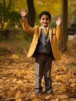 Indien enfant dans espiègle émotionnel dynamique pose sur l'automne Contexte ai génératif photo