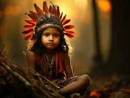 Indien enfant dans espiègle émotionnel dynamique pose sur l'automne Contexte ai génératif photo