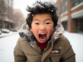 enfant jouit le hiver neigeux journée dans espiègle pose ai génératif photo