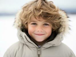 enfant jouit le hiver neigeux journée dans espiègle pose ai génératif photo