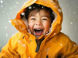 enfant jouit le hiver neigeux journée dans espiègle pose ai génératif photo