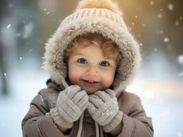 enfant jouit le hiver neigeux journée dans espiègle pose ai génératif photo