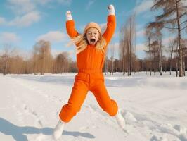 enfant jouit le hiver neigeux journée dans espiègle pose ai génératif photo