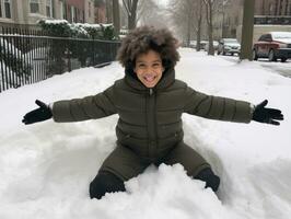 enfant jouit le hiver neigeux journée dans espiègle pose ai génératif photo