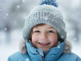 enfant jouit le hiver neigeux journée dans espiègle pose ai génératif photo