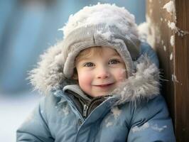 enfant jouit le hiver neigeux journée dans espiègle pose ai génératif photo