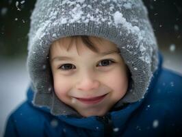 enfant jouit le hiver neigeux journée dans espiègle pose ai génératif photo