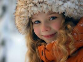 enfant jouit le hiver neigeux journée dans espiègle pose ai génératif photo