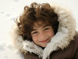 enfant jouit le hiver neigeux journée dans espiègle pose ai génératif photo