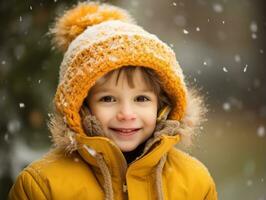 enfant jouit le hiver neigeux journée dans espiègle pose ai génératif photo